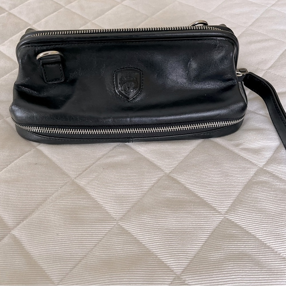 Rudsak quality Black real Leather Men's toiletry bag wide metal zippers logo